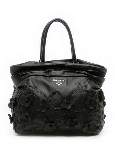 Pre-owned Prada 2000-2025 Nappa Intarsio Flower Shopping Tote Bag In Black