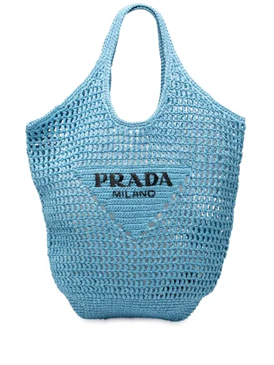 Pre-owned Prada 2000-2025 Raffia Effect Crochet Logo Embroidered Shopping Tote Bag In Blue