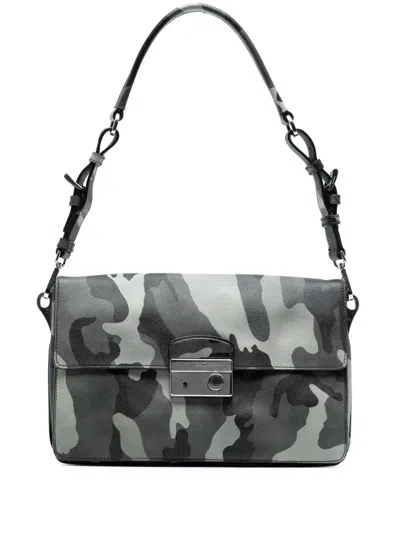 Pre-owned Prada 2000-2025 Saffiano Camouflage Sound Lock Shoulder Bag In Gray