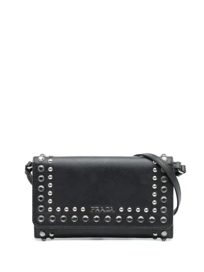 Pre-owned Prada 2000-2025 Saffiano Crystal Studded Wallet On Strap Crossbody Bag In Black