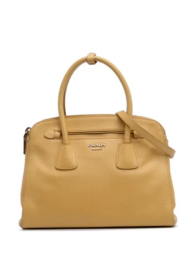Pre-owned Prada 2000-2025 Saffiano Cuir Double Zip Top Handle Bag Satchel In Yellow