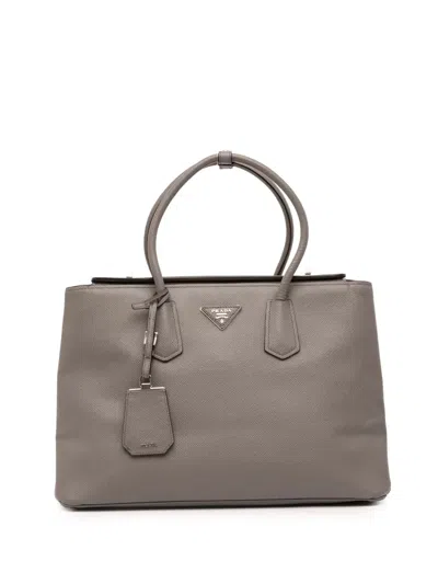 Pre-owned Prada 2000-2025 Saffiano Cuir Turnlock Twin Satchel In Gray