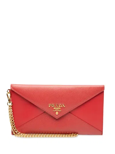 Pre-owned Prada 2000-2025 Saffiano Envelope Chain Clutch Bag In Red