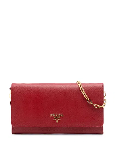 Pre-owned Prada 2000-2025 Saffiano Leather Wallet On Chain Crossbody Bag In Red