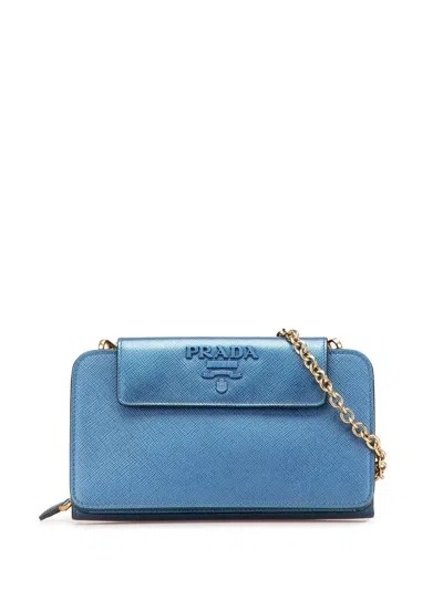 Pre-owned Prada 2000-2025 Saffiano Metal Oral Phone Wallet On Chain Crossbody Bag In Blue