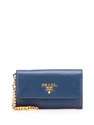 Pre-owned Prada 2000-2025 Saffiano On Chain Card Holder In Blue