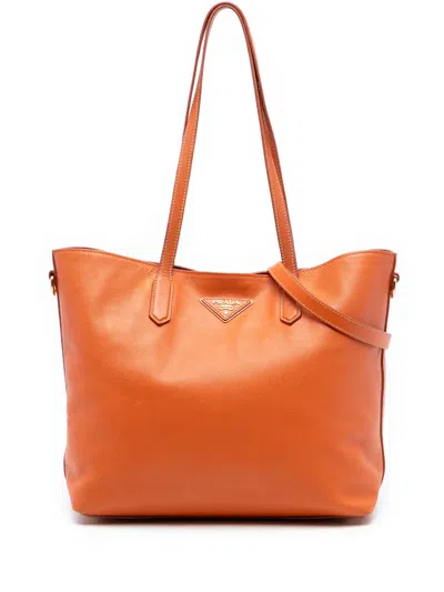 Pre-owned Prada 2000-2025 Saffiano Open Convertible Tote Satchel In Orange