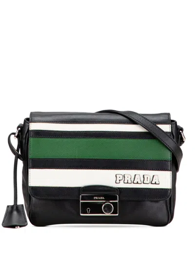 Pre-owned Prada 2000-2025 Saffiano Righe Sound Lock Crossbody Bag In Black