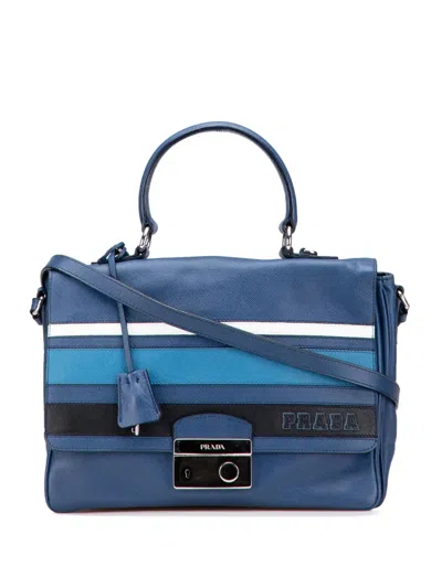 Pre-owned Prada 2000-2025 Saffiano Righe Sound Lock Satchel In Blue