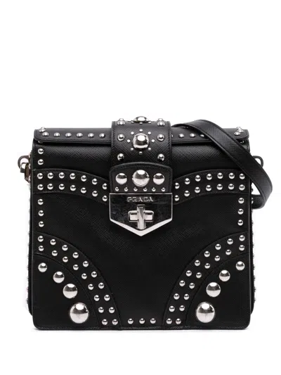 Pre-owned Prada 2000-2025 Saffiano Studded Turn Lock Top Handle Bag Satchel In Black