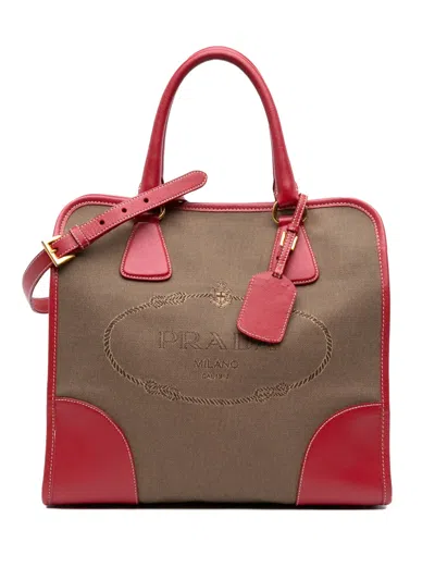 Pre-owned Prada 2000-2025 Saffiano Trimmed Canvas Canapa Logo Satchel In Brown