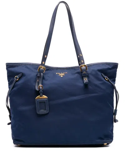 Pre-owned Prada 2000-2025 Saffiano Trimmed Tessuto Tote Bag In Blue