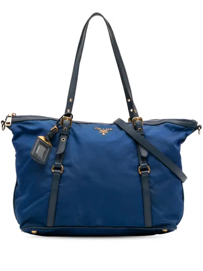 Pre-owned Prada 2000-2025 Saffiano Trimmed Tessuto Zip Top Convertible Tote Satchel In Blue
