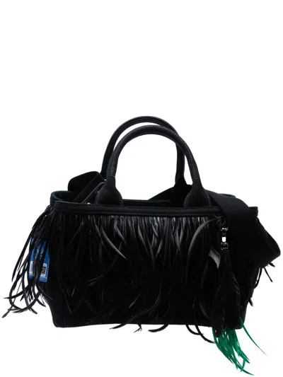 Pre-owned Prada 2000-2025 Small Feather Trimmed Canvas Canapa Satchel In Black