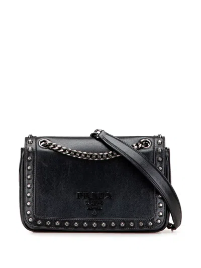 Pre-owned Prada 2000-2025 Small Studded Glace Calf Chain Flap Crossbody Bag In Black