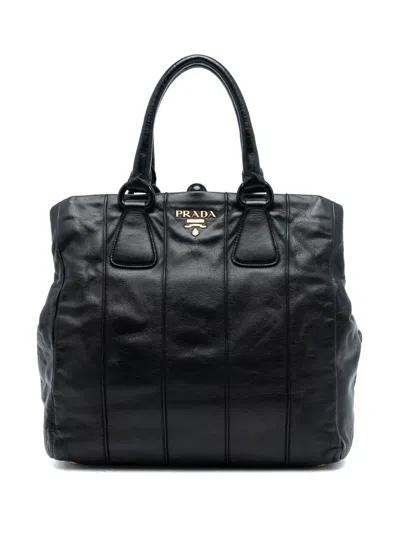 Pre-owned Prada 2000-2025 Soft Calf Frame Top Handle Bag Tote Bag In Black