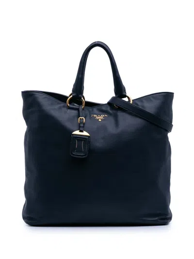 Pre-owned Prada 2000-2025 Soft Calf Open Convertible Tote Satchel In Blue