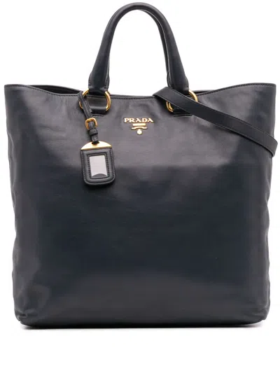Pre-owned Prada 2000-2025 Soft Calf Open Convertible Tote Satchel In Blue