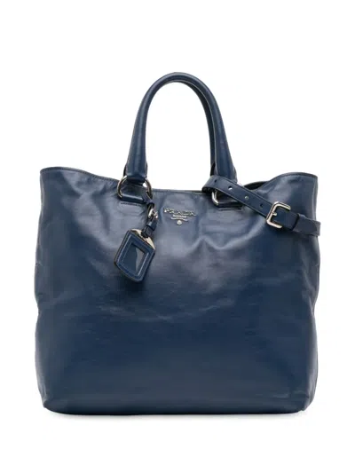 Pre-owned Prada 2000-2025 Soft Calf Open Convertible Tote Satchel In Blue