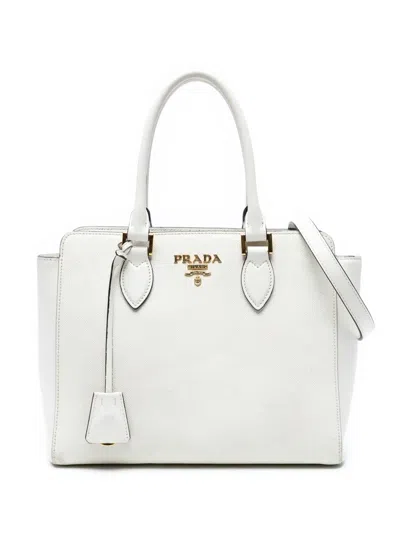 Pre-owned Prada 2000-2025 Soft Calf Trimmed Saffiano Lux Open Convertible Tote Satchel In White