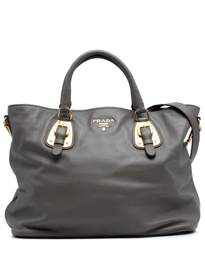 Pre-owned Prada 2000-2025 Soft Calfskin Open Convertible Shopping Tote Satchel In Gray