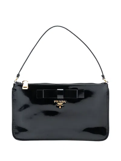 Pre-owned Prada 2000-2025 Spazzolato Bow Pochette Shoulder Bag In Black