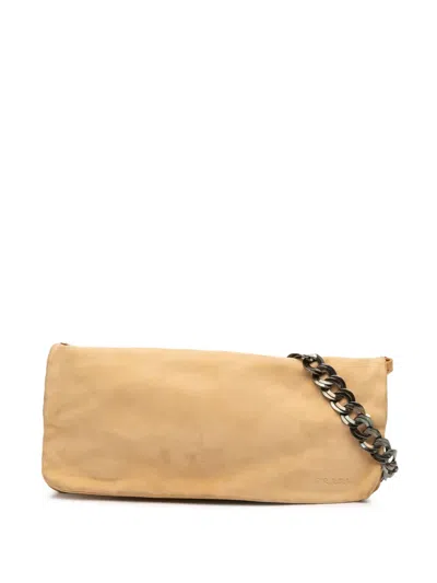 Pre-owned Prada 2000-2025 Suede Chain Pochette Shoulder Bag In Brown
