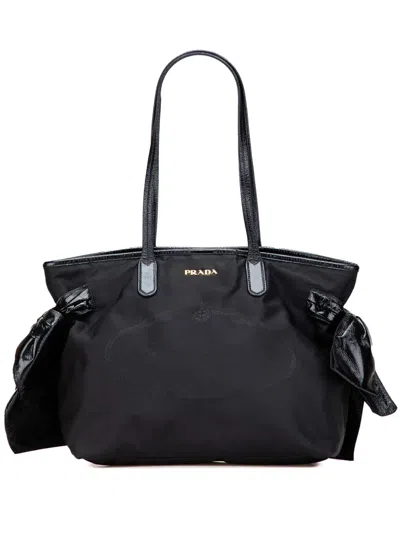 Pre-owned Prada 2000-2025 Tessuto Canapa Logo Bow Tote Bag In Black