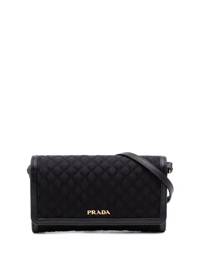 Pre-owned Prada 2000-2025 Tessuto Impuntu Wallet On Strap Crossbody Bag In Black
