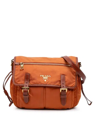 Pre-owned Prada 2000-2025 Tessuto Zip Double Buckle Messenger Bag Crossbody Bag In Orange