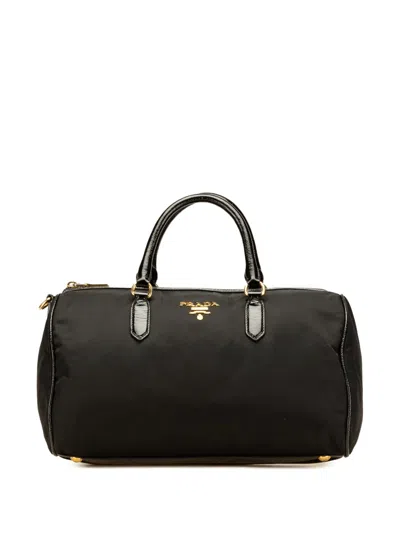 Pre-owned Prada 2000-2025 Vernice Trimmed Tessuto Boston Bag In Black