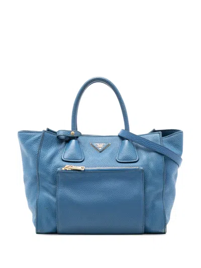 Pre-owned Prada 2000-2025 Vitello Daino Front Pocket Open Convertible Tote Satchel In Blue