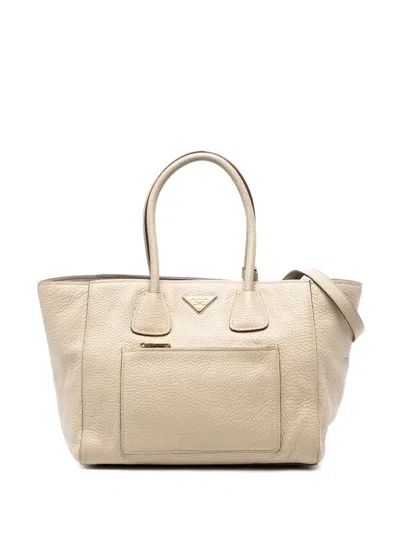 Pre-owned Prada 2000-2025 Vitello Daino Front Pocket Open Convertible Tote Satchel In Brown