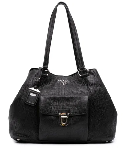 Pre-owned Prada 2000-2025 Vitello Daino Front Pocket Tote Bag In Black