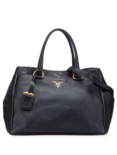 Pre-owned Prada 2000-2025 Vitello Daino Open Convertible Tote Satchel In Black