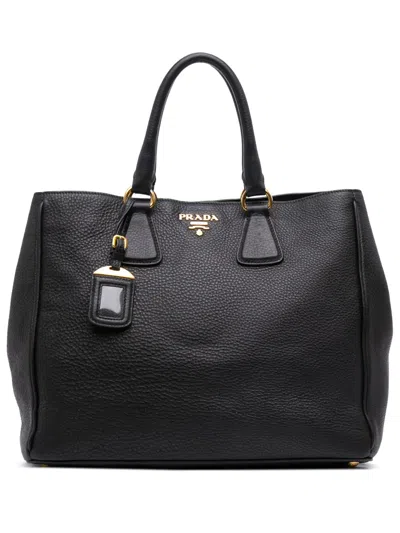 Pre-owned Prada 2000-2025 Vitello Daino Open Convertible Tote Satchel In Black