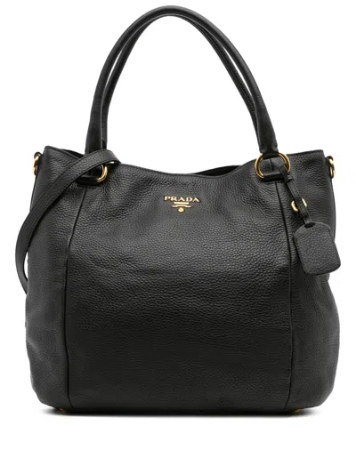 Pre-owned Prada 2000-2025 Vitello Daino Open Convertible Tote Satchel In Black