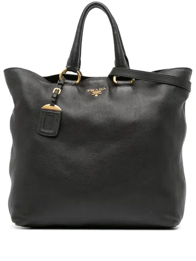 Pre-owned Prada 2000-2025 Vitello Daino Open Convertible Tote Satchel In Black