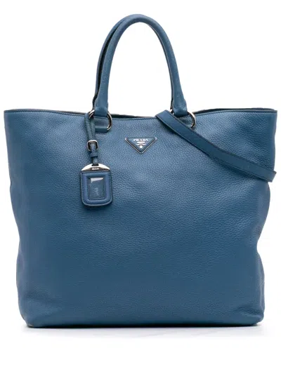Pre-owned Prada 2000-2025 Vitello Daino Open Convertible Tote Satchel In Blue
