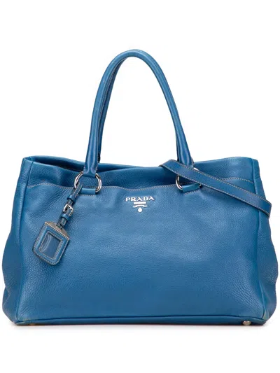 Pre-owned Prada 2000-2025 Vitello Daino Open Convertible Tote Satchel In Blue