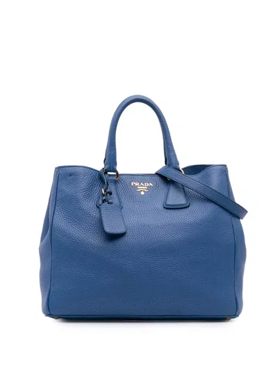 Pre-owned Prada 2000-2025 Vitello Daino Open Convertible Tote Satchel In Blue