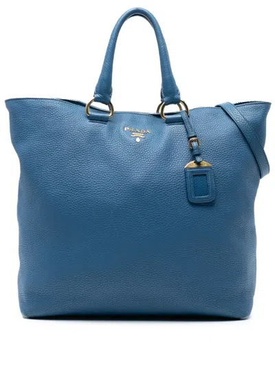 Pre-owned Prada 2000-2025 Vitello Daino Open Convertible Tote Satchel In Blue