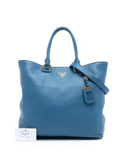 Pre-owned Prada 2000-2025 Vitello Daino Open Convertible Tote Satchel In Blue