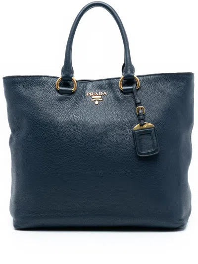 Pre-owned Prada 2000-2025 Vitello Daino Open Convertible Tote Satchel In Blue