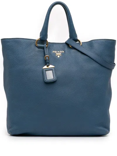 Pre-owned Prada 2000-2025 Vitello Daino Open Convertible Tote Satchel In Blue