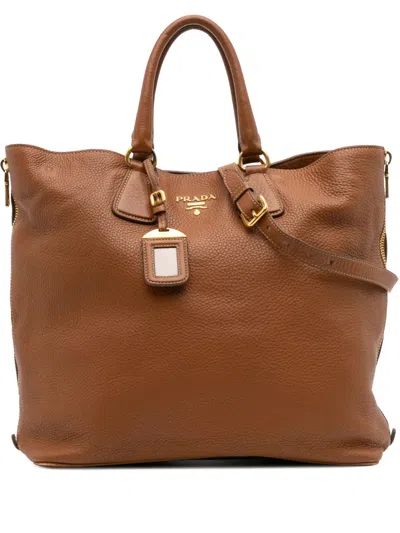 Pre-owned Prada 2000-2025 Vitello Daino Open Convertible Tote Satchel In Brown