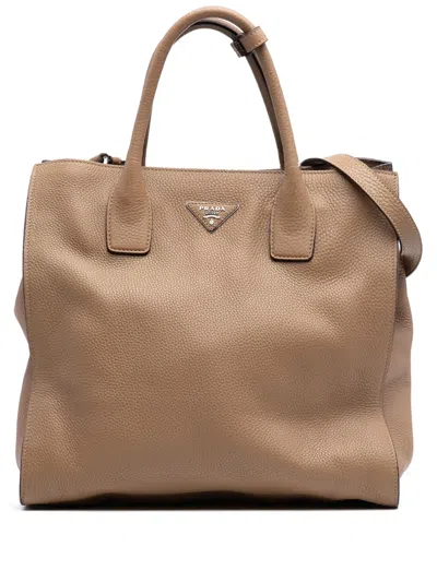 Pre-owned Prada 2000-2025 Vitello Daino Open Convertible Tote Satchel In Brown