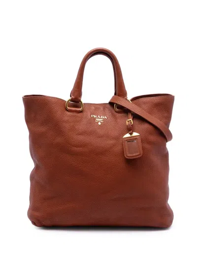 Pre-owned Prada 2000-2025 Vitello Daino Open Convertible Tote Satchel In Brown