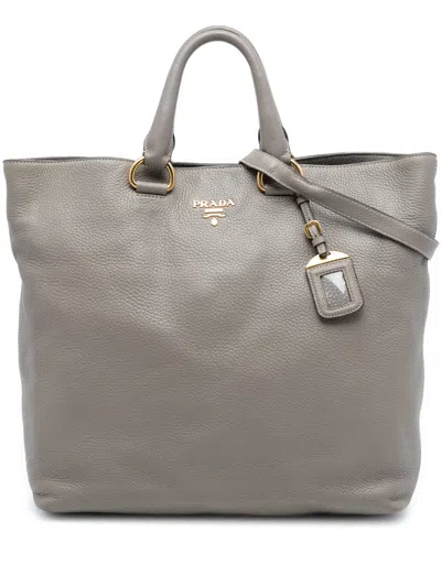 Pre-owned Prada 2000-2025 Vitello Daino Open Convertible Tote Satchel In Gray