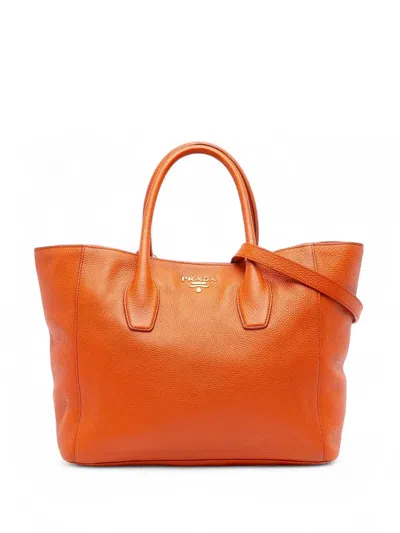 Pre-owned Prada 2000-2025 Vitello Daino Open Convertible Tote Satchel In Orange